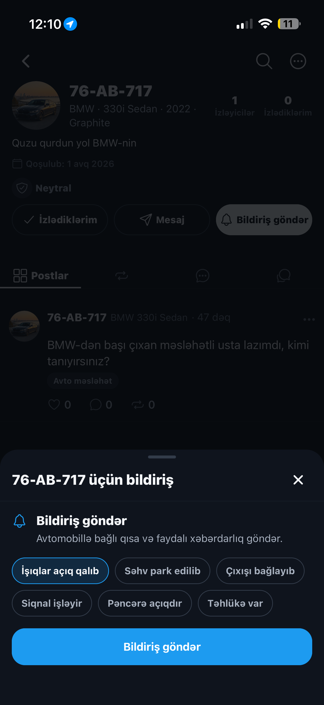 76-AB-717 profilinə faydalı bildiriş göndərmə ekranı